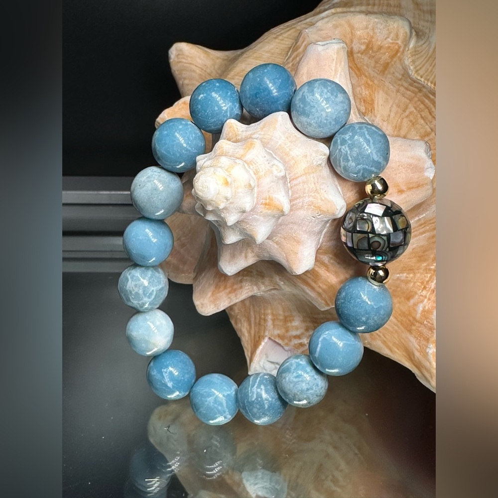 LARIMAR+ ABALONE NATURAL STONES BRACELET size 7” - Picture 4 of 11